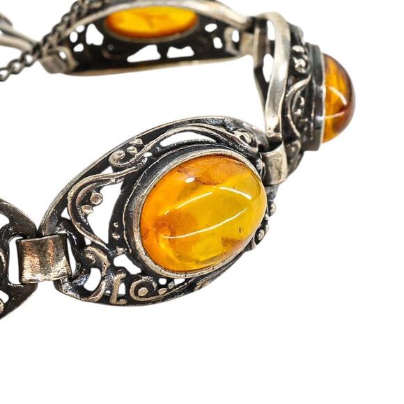 Sterling Silver Filigree Bracelet Baltic Amber Cabs Eastern European 7.5 In Read - Picture 7 of 14